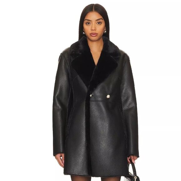 Generation Love Megan Black Reversible Coat Faux Leather Shearling Fur XS Pearl